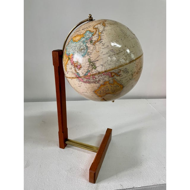 Extremely Rare Cantilevered Style Teak & Brass World Globe For Sale - Image 12 of 18