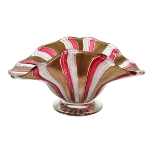 Murano Vintage Glittery Copper Aventurine Pink Red White Ribbons Italian Art Glass Footed Bowl Dish