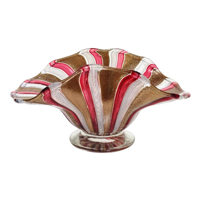 Vintage Italian Art Glass Footed Bowl Murano Glittery Copper Aventurine Pink Red White Ribbons Dish For Sale