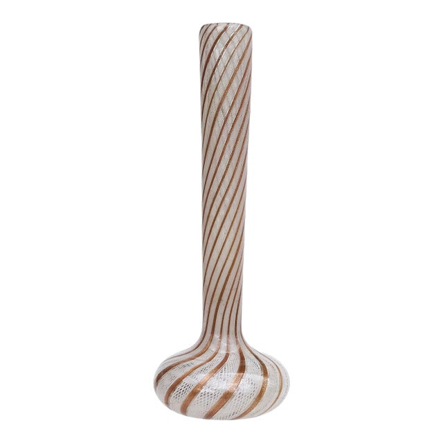 Vintage Fratelli Toso Murano White Copper Aventurine Ribbons Italian Art Glass Soliflore Flower Vase For Sale