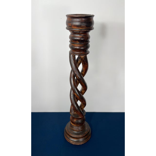 Jacobean 27-Inch Antique Hand-Carved Openwork Barley Twist Candlestick | 6" Diameter Base | Early 20th Century For Sale - Image 3 of 9