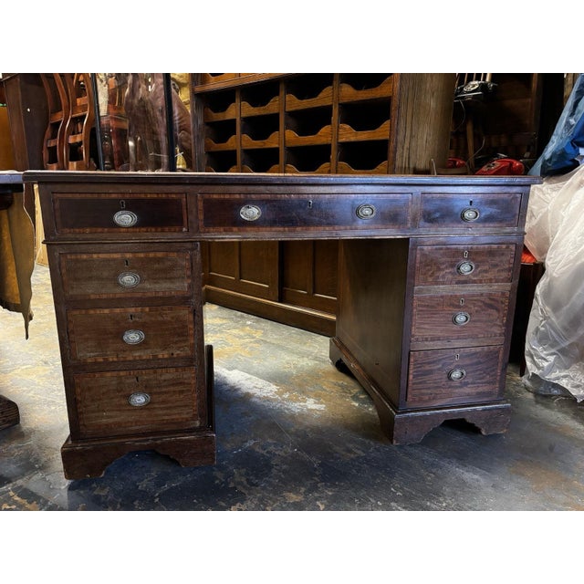 Edwardian Inlaid Mahogany Pedestal Desk with Brown Top For Sale - Image 16 of 18