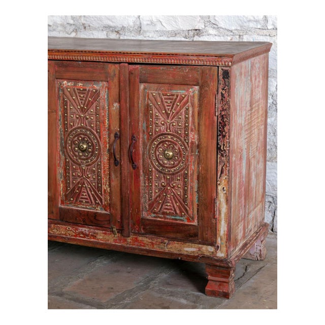 Mid-Century Modern Antique Ornate Carved 4-Door Sideboard | Vintage Wood Buffet Credenza For Sale - Image 3 of 7
