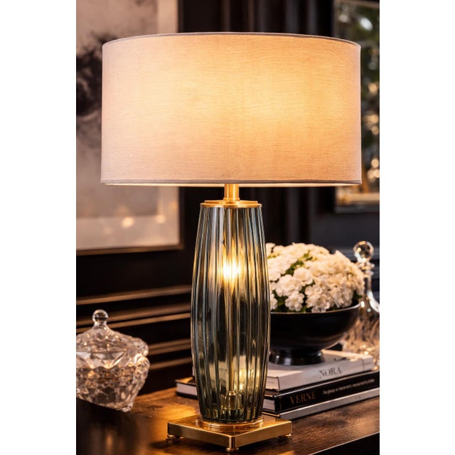 Late 20th Century Extra-Tall Ribbed Smoky Glass & Solid Brass Table Lamps – 31” Designer Scale - a Pair For Sale In Los Angeles - Image 6 of 12