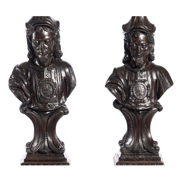 Antique Columns in Chestnut Wood with Carvings, 1800s, Set of 2 For Sale