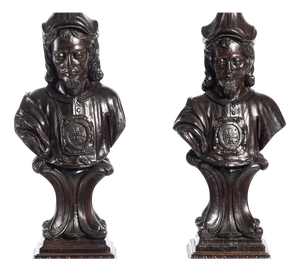 Antique Columns in Chestnut Wood with Carvings, 1800s, Set of 2