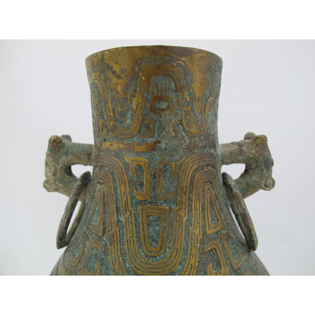 Early 20th Century Chinese Archaic Gilt Bronze Ware Ritual Wine Hu Vessel With Beast Handles For Sale - Image 5 of 11
