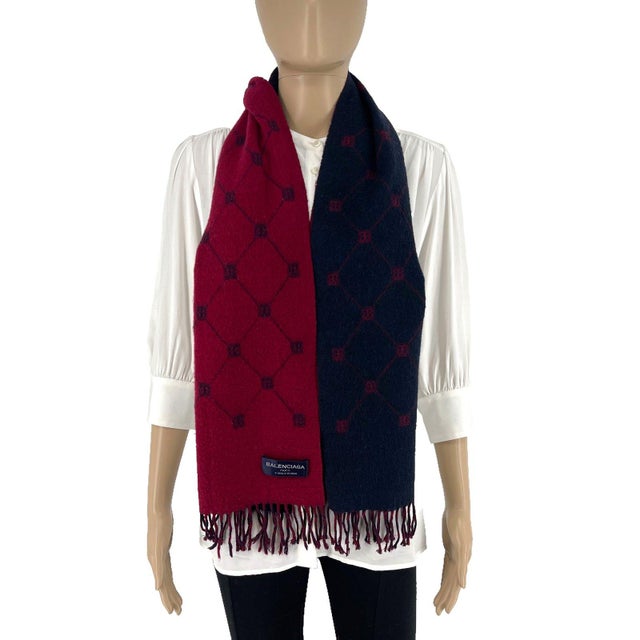 Balenciaga Navy Blue & Red 100% Wool Scarf