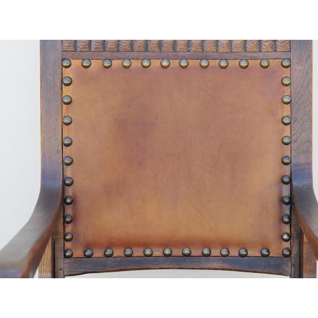 Brown Early 20th Century English Gothic Arts & Crafts Wood and Leather Arm Chair For Sale - Image 8 of 12