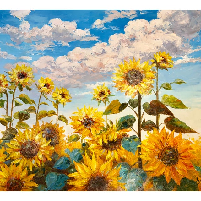 Sunflower Field Under Blue Skies — Original Oil Painting, Unstretched, 30" × 40" For Sale - Image 4 of 7