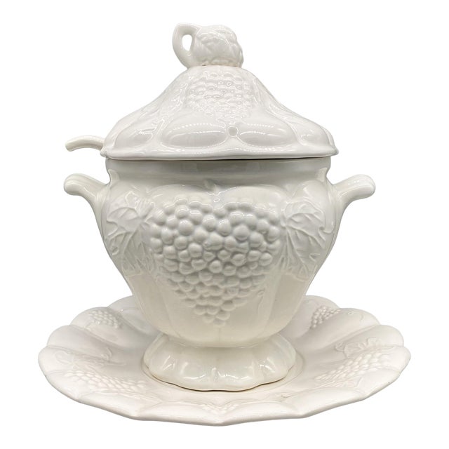 Mid Century California Pottery White Grape Vine Tureen With Ladle and Underplate For Sale
