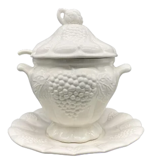 Mid Century California Pottery White Grape Vine Tureen With Ladle and Underplate
