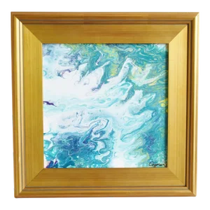 Original Contemporary Modern Abstract Marbleized Art Painting W/ Antiqued Gold Wood Frame