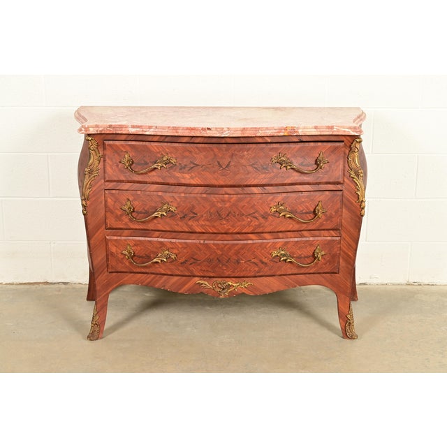 Paul Sormani Style Antique French Provincial Louis XV Kingwood Inlaid Marquetry Marble Top Commode With Mounted Ormolu | Circa 1920s For Sale - Image 17 of 17