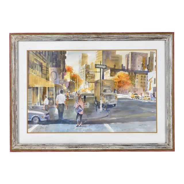 1990s James C. Borden Large Cityscape Street Scene Watercolor Painting Cerused Frame For Sale