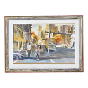 1990s James C. Borden Large Cityscape Street Scene Watercolor Painting Cerused Frame