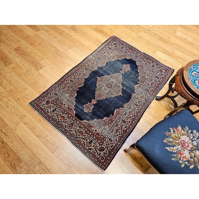 Persian Vintage Persian Kashan Area Rug, Hand-Knotted Wool, Navy, Ivory For Sale - Image 3 of 12