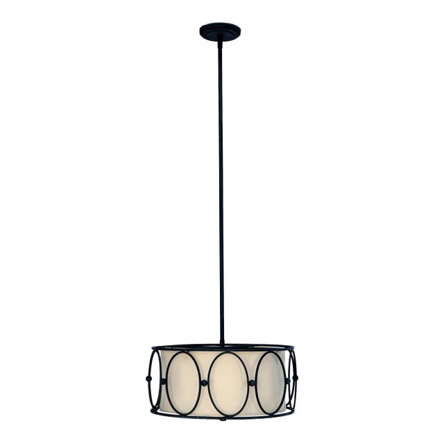 Late 20th Century Iron Pendant Fixture /Linen Interior Shade For Sale