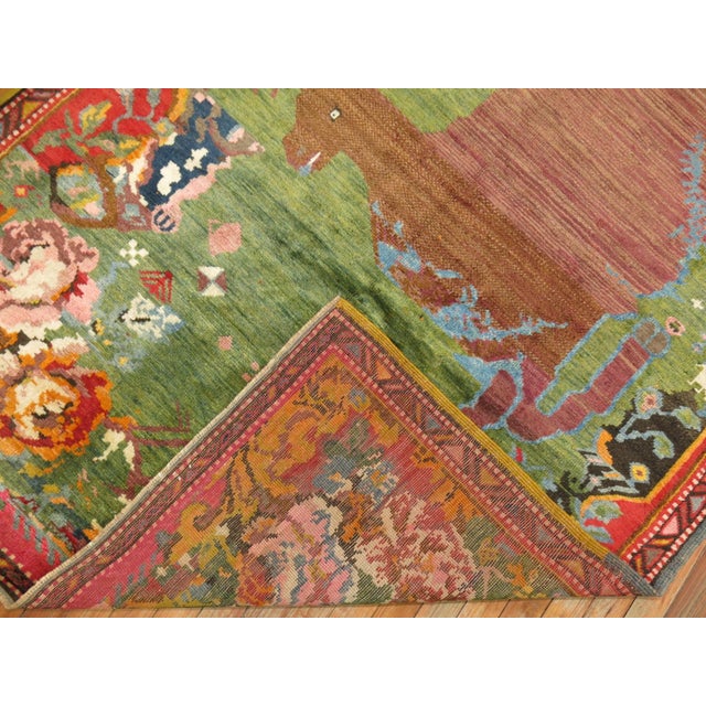 Early 20th Century Green Pictorial Deer Rug - 4'8" x 6'9" For Sale - Image 4 of 9