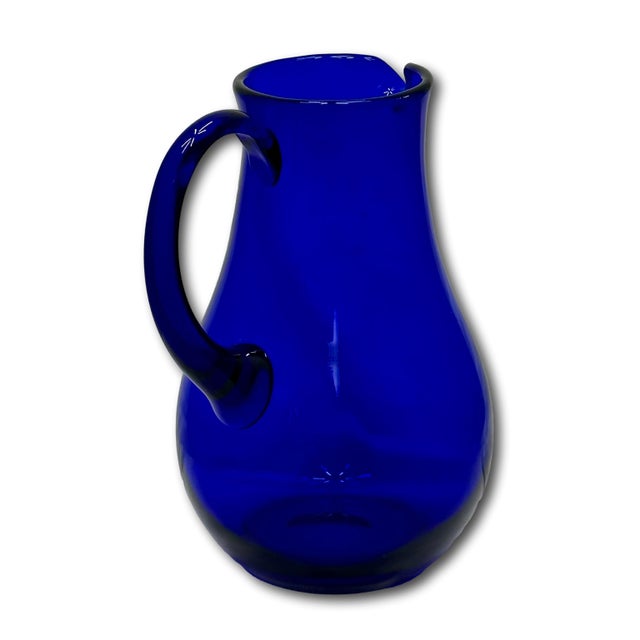 Stunning Vintage Retro Art Deco Deep Cobalt Blue Hand Blown Art Glass Pitcher - Circa Mid 20th Century For Sale - Image 10 of 18