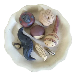 Chinese Yixing Pottery Sculpture of Individual Nuts - Chestnut, Walnut, Peanut, Hazelnut & Sunflower Seeds - Displayed on a Plate