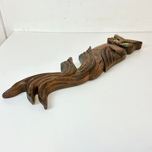 Mid-Century Boho Chic Arts & Crafts Folk Art Hand Carved Wood Owl on Branch Sculptural Wall Object For Sale - Image 10 of 18