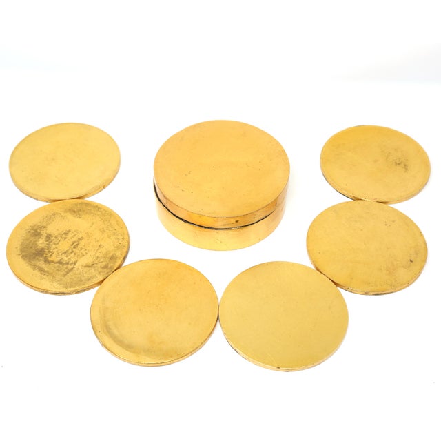 Vintage Gold Leaf and Lacquer Beverage Coaster Set With Lidded Holder — Set of 7 For Sale In Tampa - Image 6 of 8
