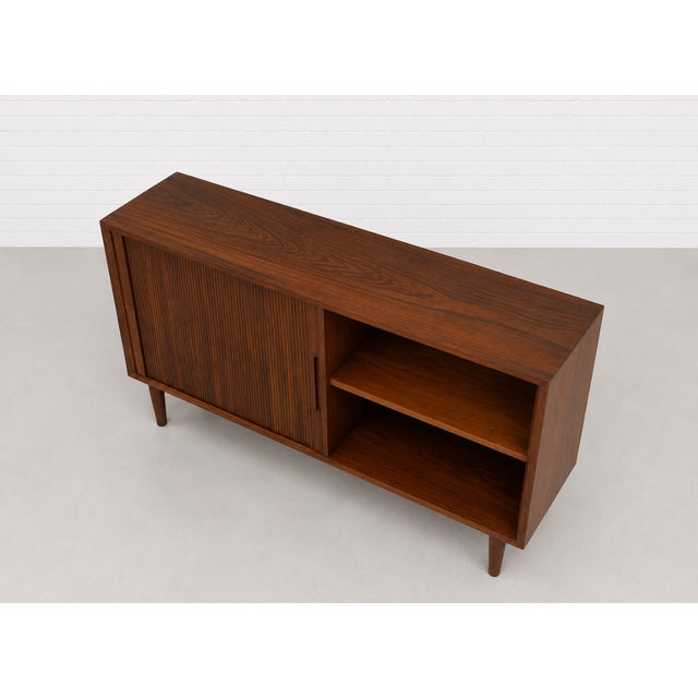Brown Danish Rosewood Mid Century Modern Credenza | Tambour Door Media Cabinet | Scandinavian Storage Console, C. 1960’s For Sale - Image 8 of 16