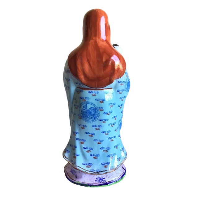 Mid 20th Century Vintage Mid 20th Century Chinese God of Happiness and Prosperity Hand Painted Porcelain Figurine For Sale - Image 5 of 8