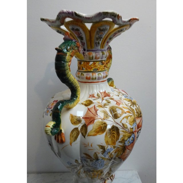 1950s Renaissance Style Hand-Painted Majolica Vase with Flowers and Dragon-Shaped Handles from Nove Bassano, Italy, 1950s For Sale - Image 5 of 17