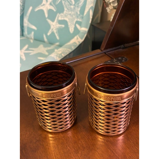 Metal Vintage Seagram’s Scovill Barware Cups With Amber Glass Liners — Pair For Sale - Image 7 of 8