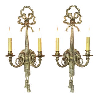 1900 Ribbon and Tassel Brass Sconces - a Pair For Sale