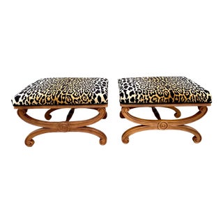 Late 20th Century Fairfield Furniture X Style Ottomans With Leopard Fabric - a Pair For Sale