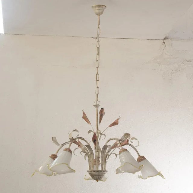 Vintage suspension chandelier 5 lights with white murano glass windows calla fiore, handmade brass structure, made in...