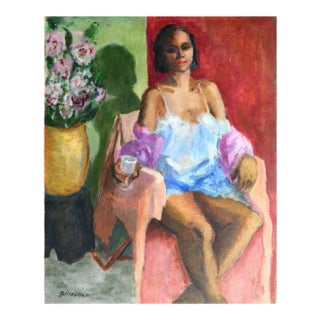 Patricia Gillfillan "Relaxing in Boudoir" Figurative Oil on Canvas 1980s For Sale