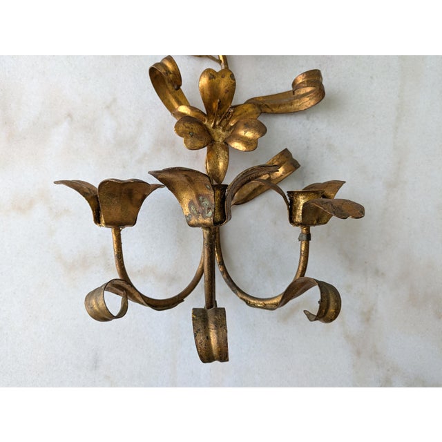 Vintage Italian Florentine Gilt Tole 3 Arm Candle Sconce For Sale In Chicago - Image 6 of 7