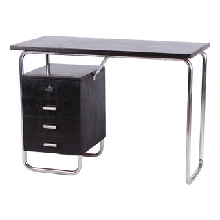 Bauhaus Writing Desk in Oak and Chromed Steel by Robert Slezák, Czech, 1930s For Sale