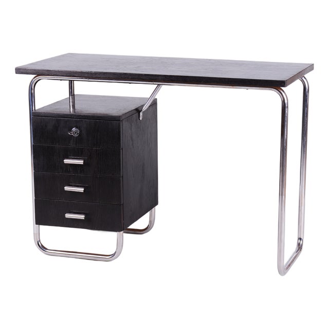 Bauhaus Writing Desk in Oak and Chromed Steel by Robert Slezák, Czech, 1930s For Sale