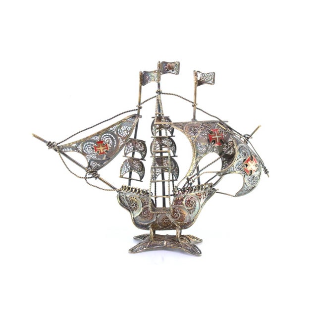 Silver Filigree Caravel with Flags and Maltese Crosses Sails in Relief, in Very Good conditions. Designed 1920 to 1949...