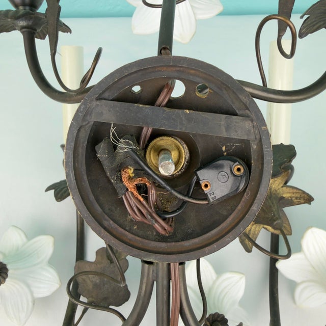 Vintage 7 Light Wrought Iron Wall Sconce With Milk Glass Flowers & Cherub Motif Matching Sconce Available Separately For Sale - Image 11 of 12