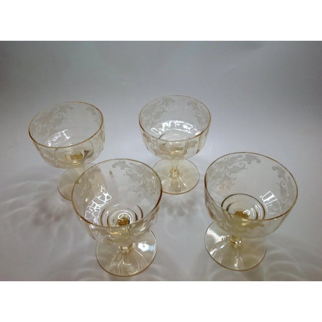 1930s Us Glass Tiffin Byzantine Low Champagne Sherbet Goblets in Mandarin (Yellow)- Set of 4 For Sale - Image 4 of 13