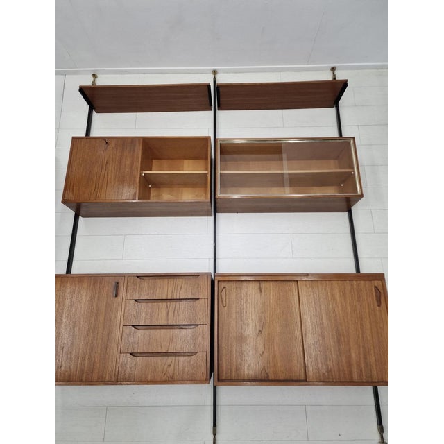 Large Mid-Century Modern Italian Modular Wall Unit in Teak, Black Lacquered Metal and Brass, 1960s For Sale - Image 9 of 18
