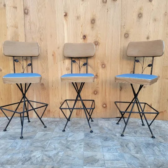 Vintage Retro Swivel Bar Stools - Set of 3 Cool vintage blue/tan bar stools with sculptural iron frames, leaf and stem...