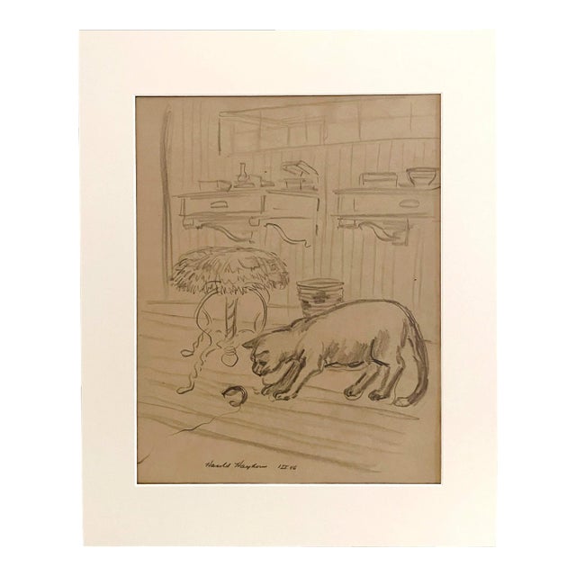 1946 Graphite on Paper, Interior Scene With Cat by Artist Harold Haydon For Sale