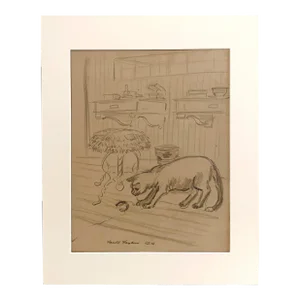 1946 Graphite on Paper, Interior Scene With Cat by Artist Harold Haydon