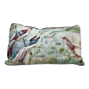 Large Decorative Bolster Pillow Embellished With a Water Color Look Bird Pattern - Made in the U K