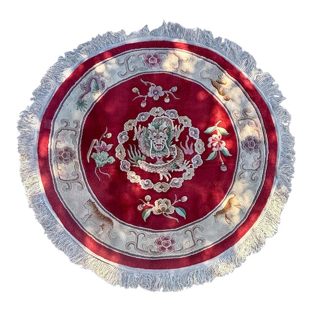 Vintage Mid-Century Hand-Knotted Chinese Wool Dragon Rug 5ft (4’11”) Round Accent Rug. Excellent Vintage Condition. For Sale