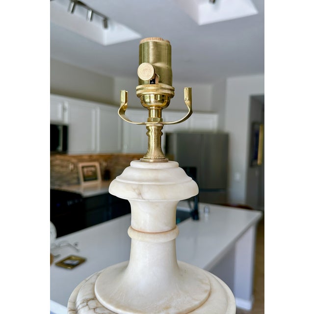 1950s Large Pair Italian Column Neoclassical Alabaster Table Lamps For Sale - Image 14 of 16