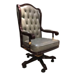 Traditional High-Back Gray Leather Executive Swivel Office Chair For Sale