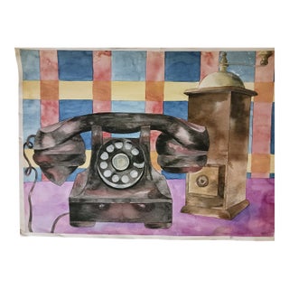 1982 Modernist Telephone Watercolor Painting For Sale